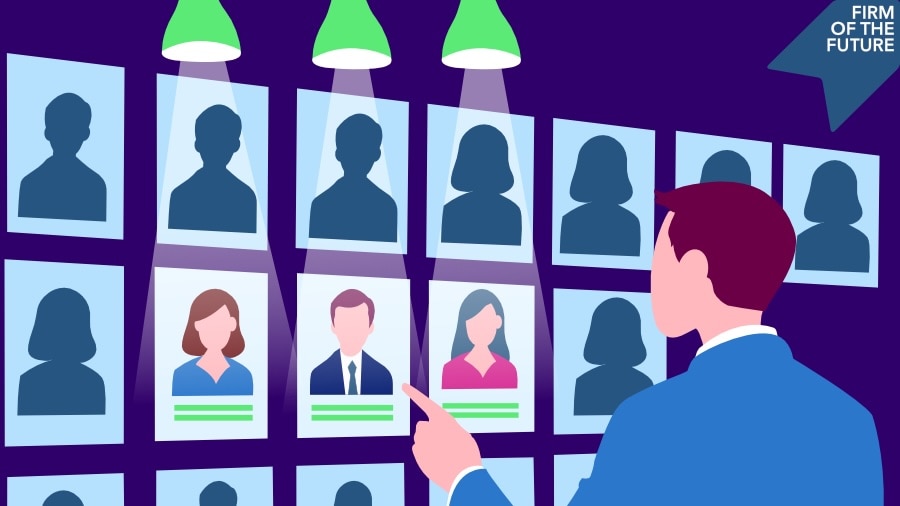 Illustration of a man in a suit pointing at a wall of profile photos, with a few highlighted under spotlights, symbolizing candidate or client selection.