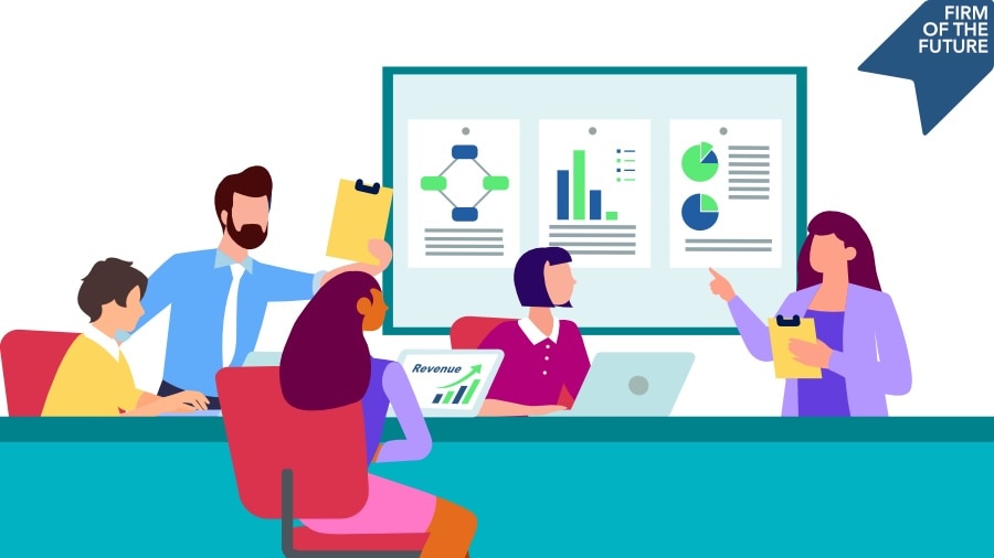 A team of five reviews charts and diagrams on a board, collaborating around a conference table.