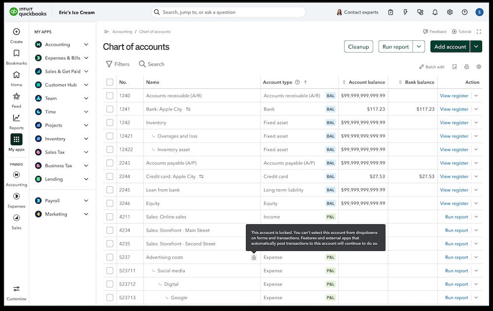 QuickBooks online chart of accounts dashboard.