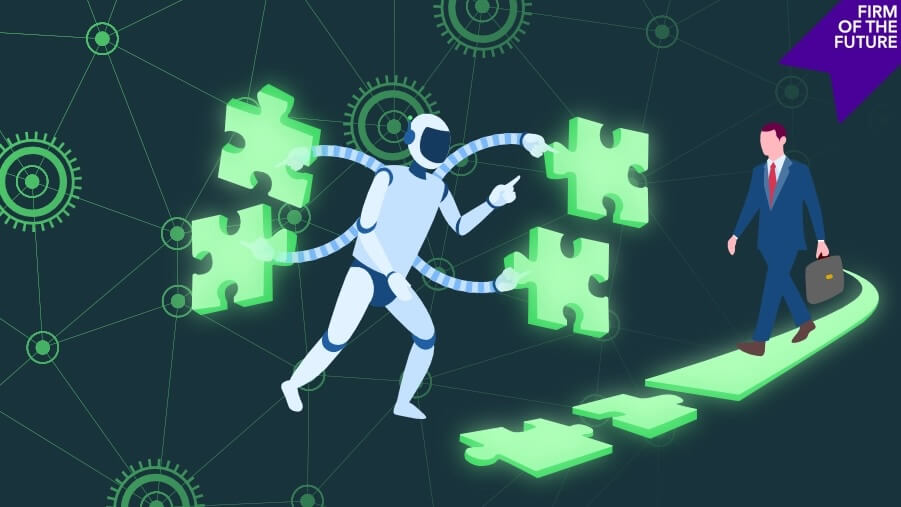 Robot with multiple arms assembles glowing puzzle pieces to guide a businessperson forward. “Firm of the Future” banner in top right.