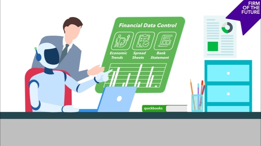 Robot and person reviewing financial data on screen labeled “Financial Data Control,” showing economic trends, spreadsheets, and bank statements. “Firm of the Future” banner in top right.