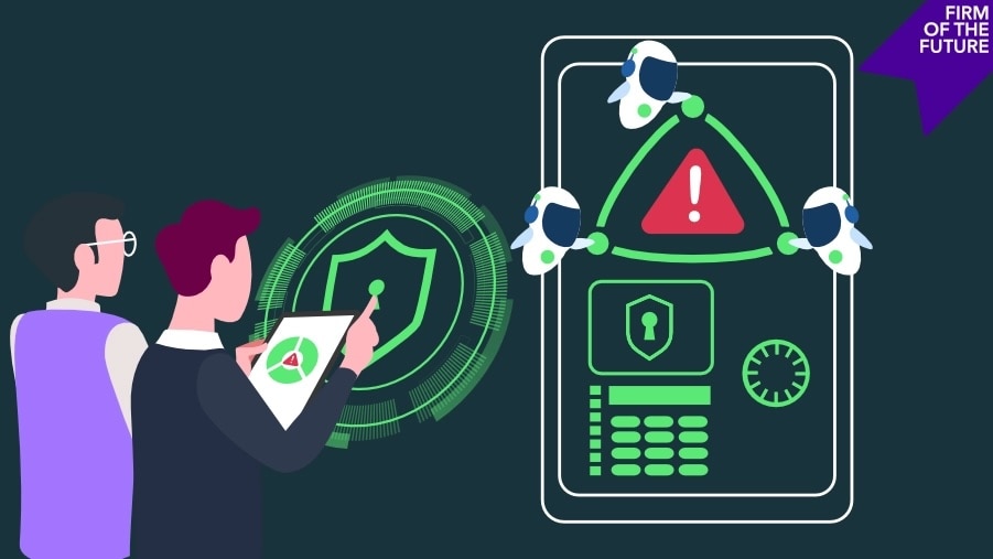 Two professionals analyze a digital alert with AI robots monitoring a security threat. “Firm of the Future” banner in top right.