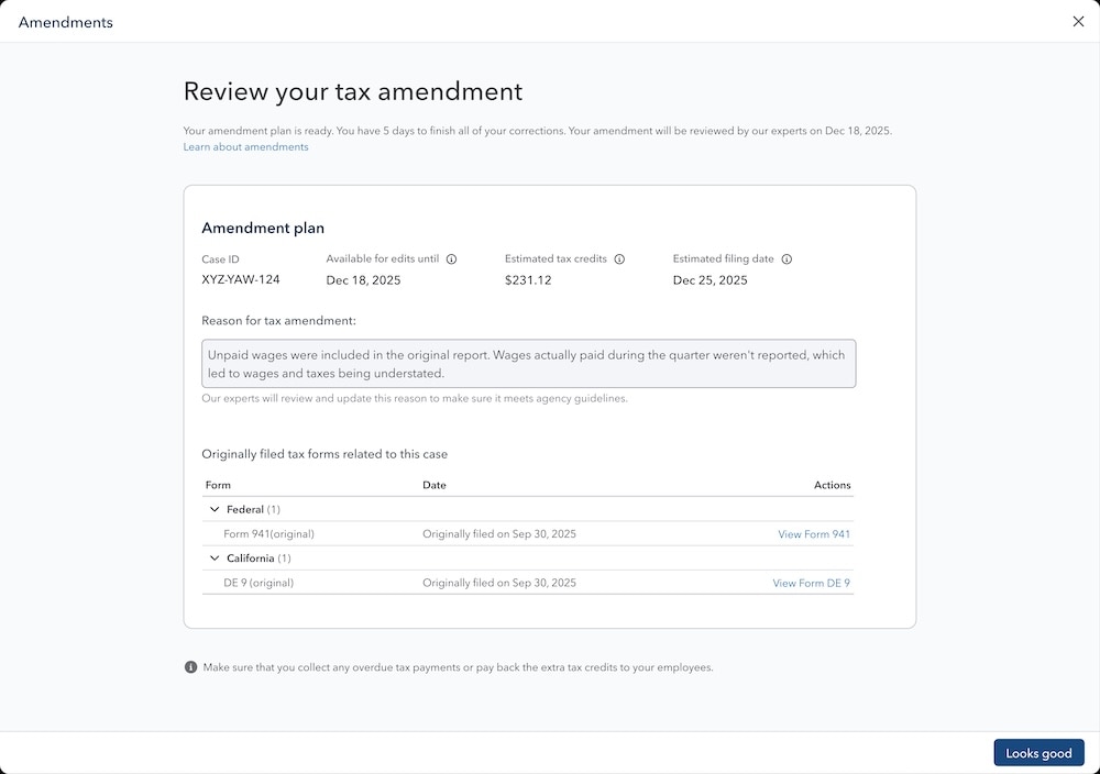 Online dashboard reviewing tax amendment details.