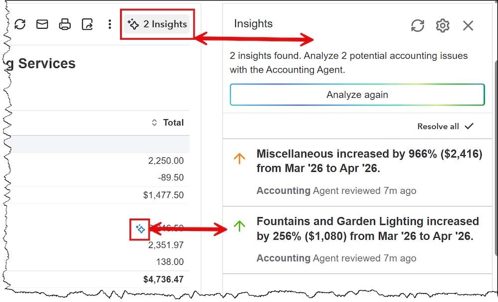 Accounting dashboard showing spending insights alerts; anamoly detection.