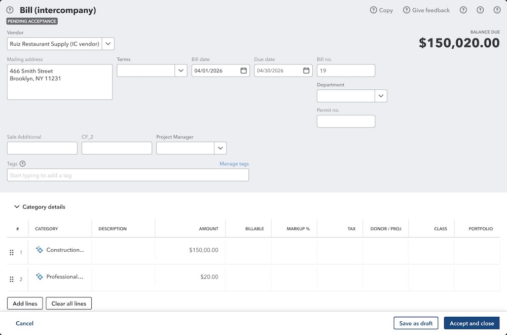 Intercompany bill entry screen with totals - Intuit Enterprise Suite updates: May 2026.