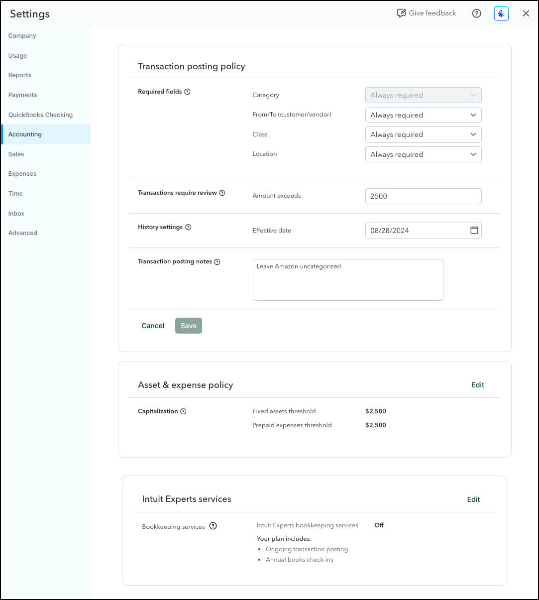 Accounting settings dashboard with transaction policies.