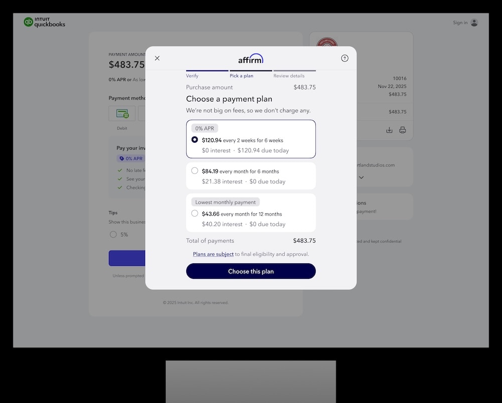 Affirm payment plan selection on desktop screen - buy now, pay later.