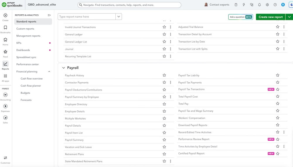 Online accounting software payroll reports dashboard.