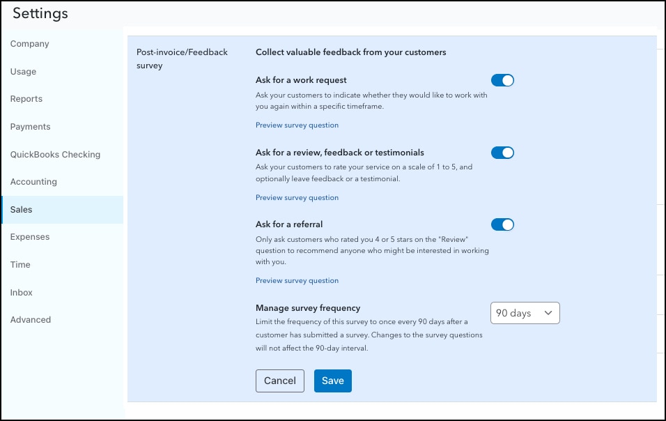 Customer feedback survey settings dashboard screen, QuickBooks customer hub