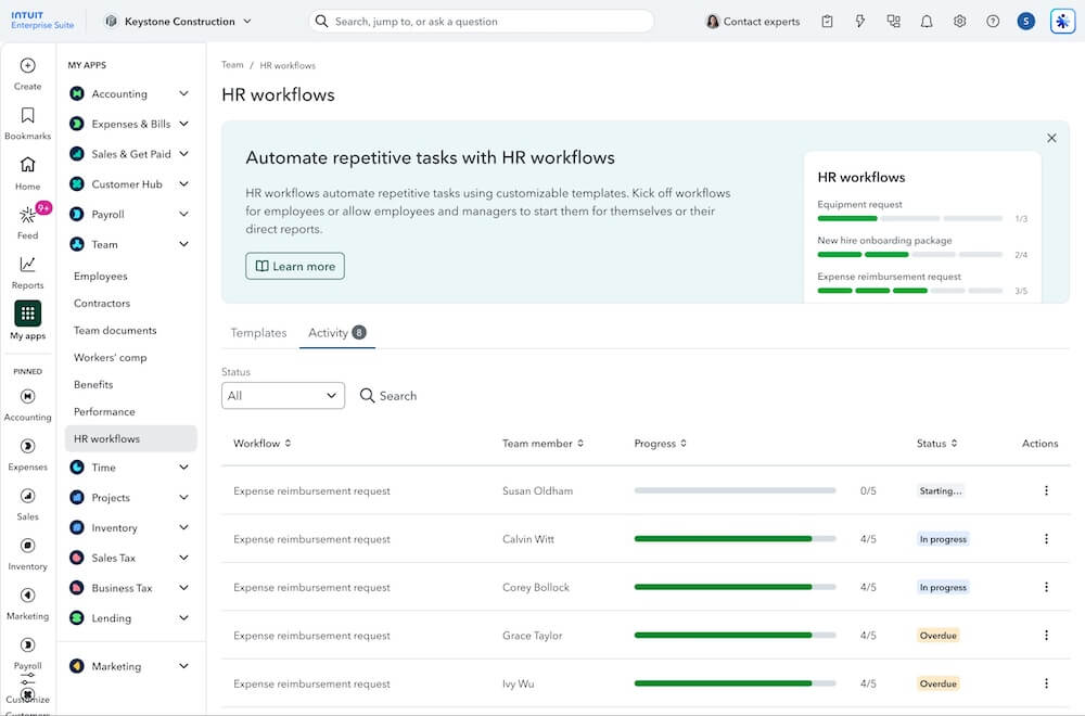HR workflows dashboard for expense requests - Intuit Enterprise Suite updates: May 2026.