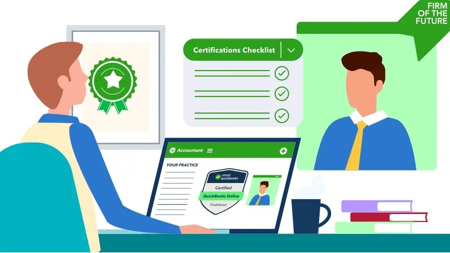 An accountant reviewing certification progress on a computer screen. A checklist labeled 'Certifications Checklist' is displayed, along with a QuickBooks Online ProAdvisor badge and a professional headshot. A coffee cup and books are on the desk.