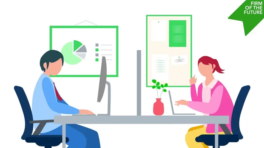 A business setting with two professionals sitting across from each other at a desk, engaged in a discussion. A digital screen behind them displays charts and reports. The workspace has a modern design with green and white accents, branded with 'Firm of the Future' in the top right corner.