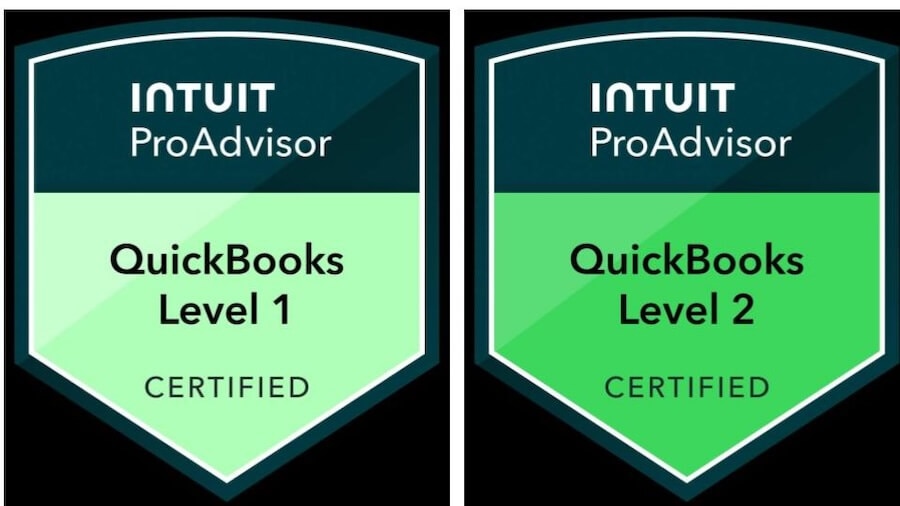 Intuit ProAdvisor QuickBooks Level 1 and 2 Badges.