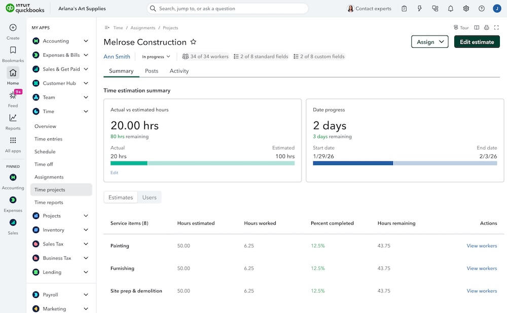Time estimation dashboard for construction project.