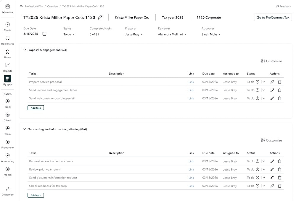 Project management dashboard for tax engagement workflow.