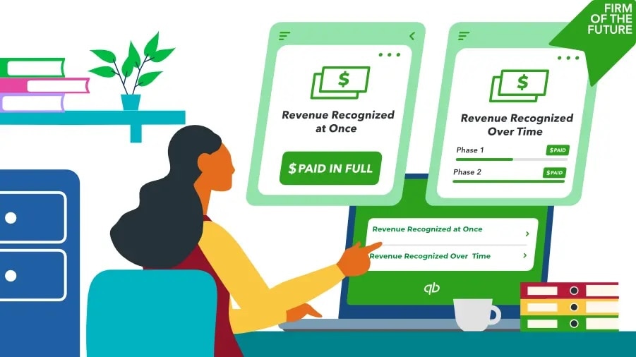 Woman at laptop comparing revenue recognition options: paid in full vs. over time.
