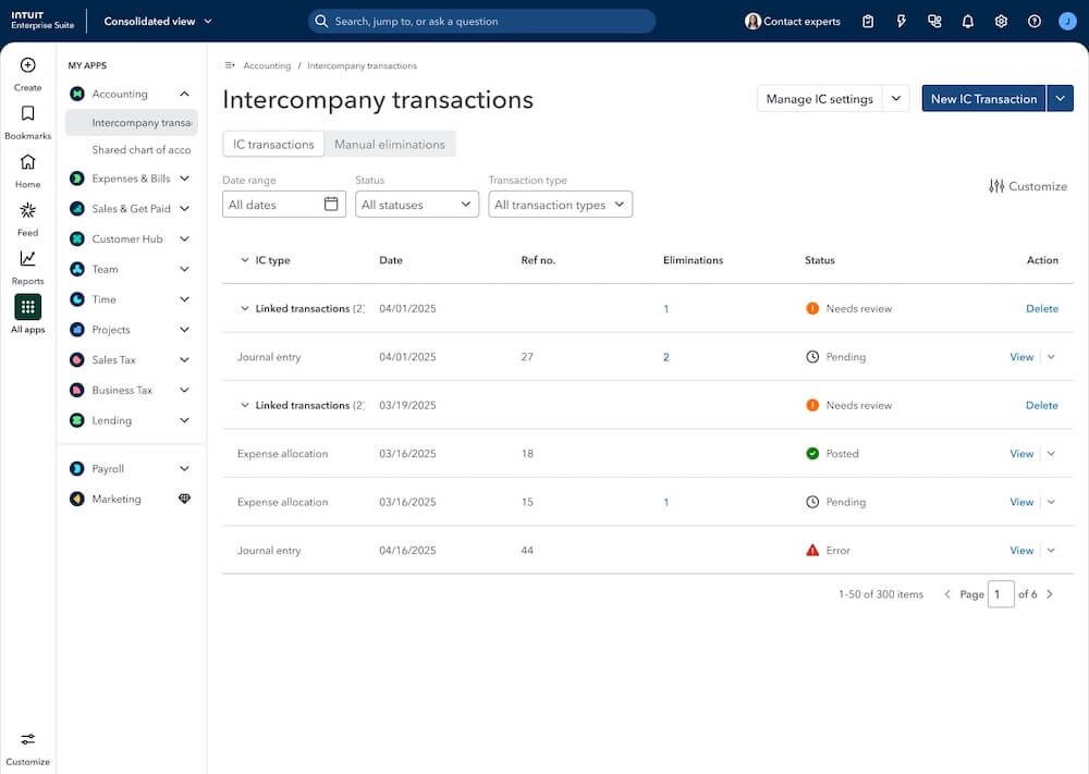 Intercompany transactions dashboard in accounting software - Intuit Enterprise Suite updates: May 2026.
