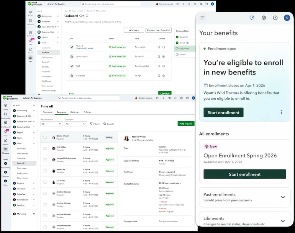 HR software dashboards showing employee benefits enrollment - QuickBooks Workforce.