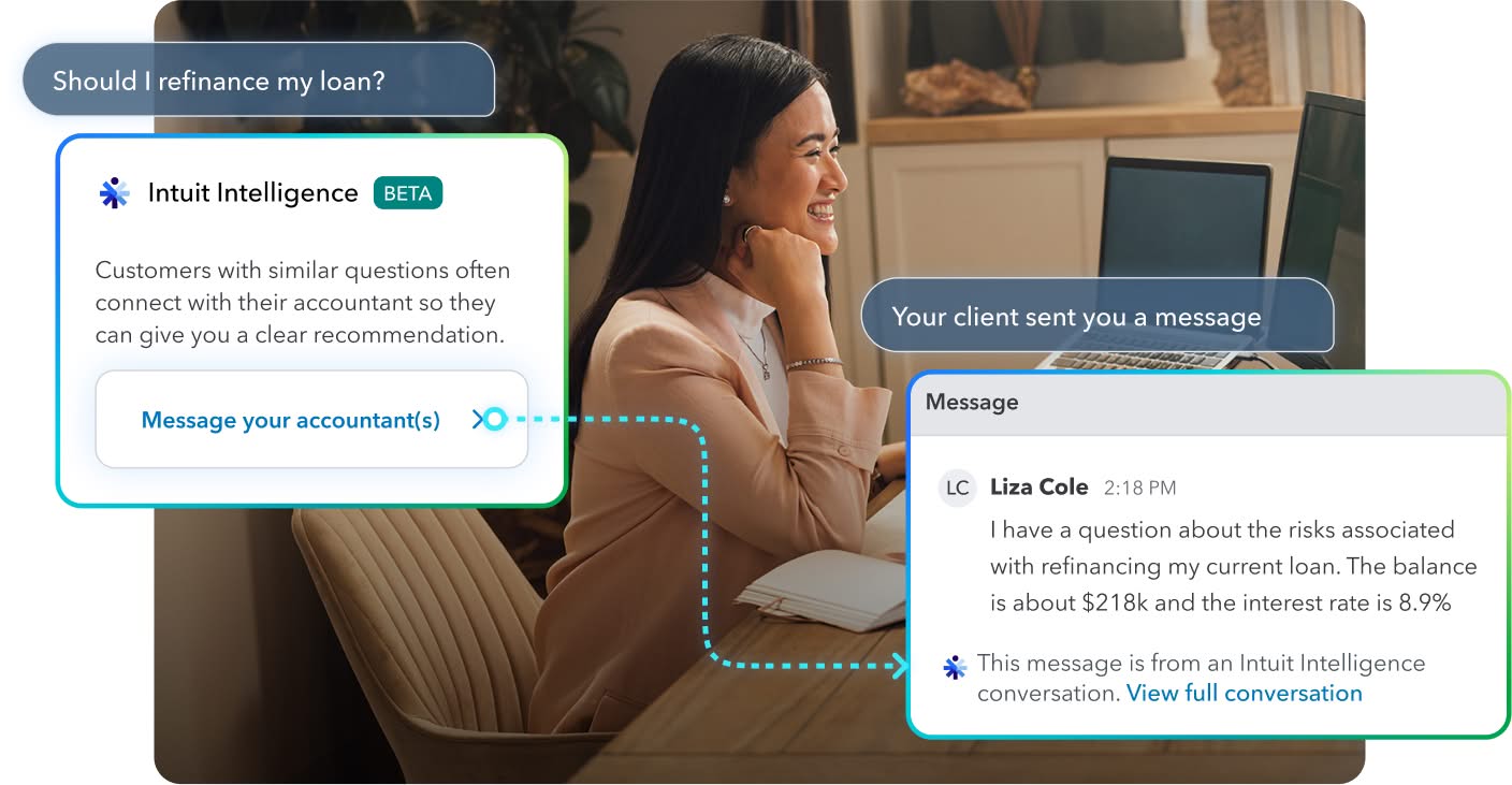 Intuit Intelligence Requests feature message boxes from client to accountant